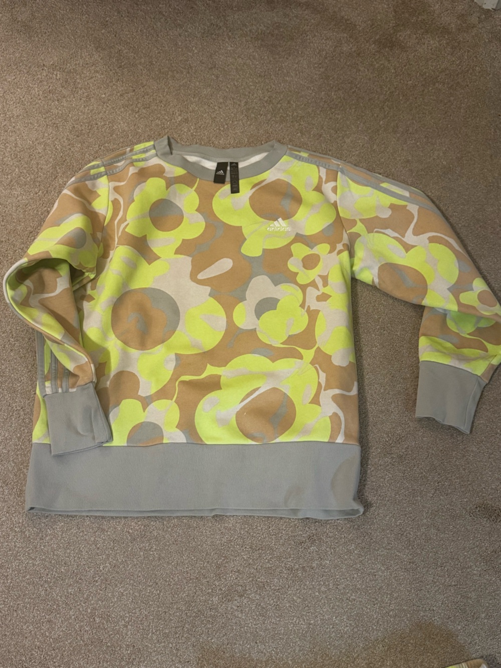 adidas Womens Floral Crewneck Sweatshirt - Neon Yellow, Tan & Gray